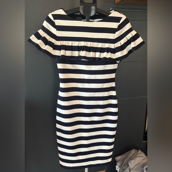 Eliza J Dresses & Skirts - Eliza J Navy and White Striped Sheath Dress with Ruffle